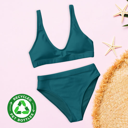 Mitternachtsgrünes, recyceltes Bikini-Set mit hoher Taille