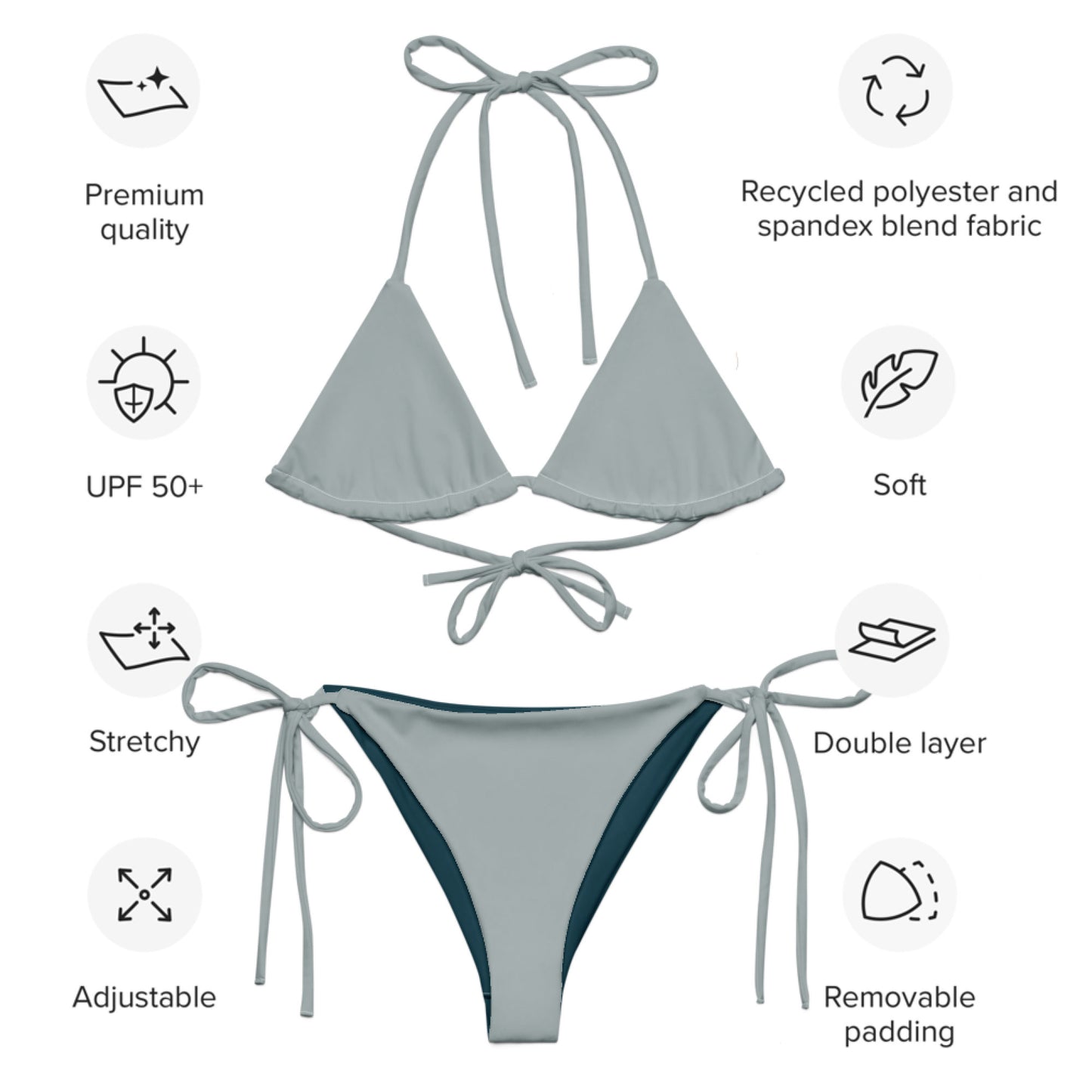 Maillot de bain string recyclé gris cendre bikini triangle eco-friendly bikini double épaisseur UPF 50+ eco-friendly