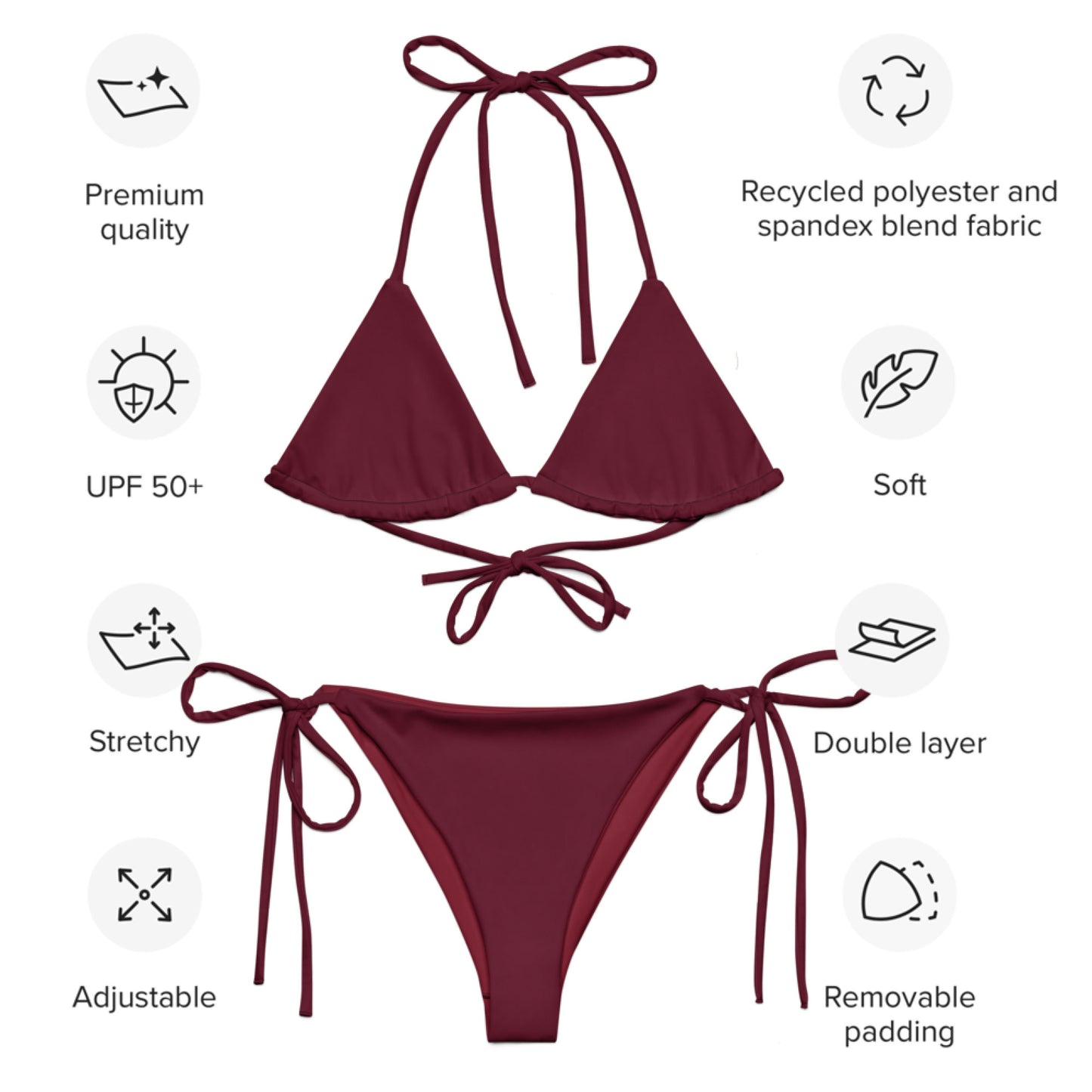 Dark claret ruby red Recycled string bikini set