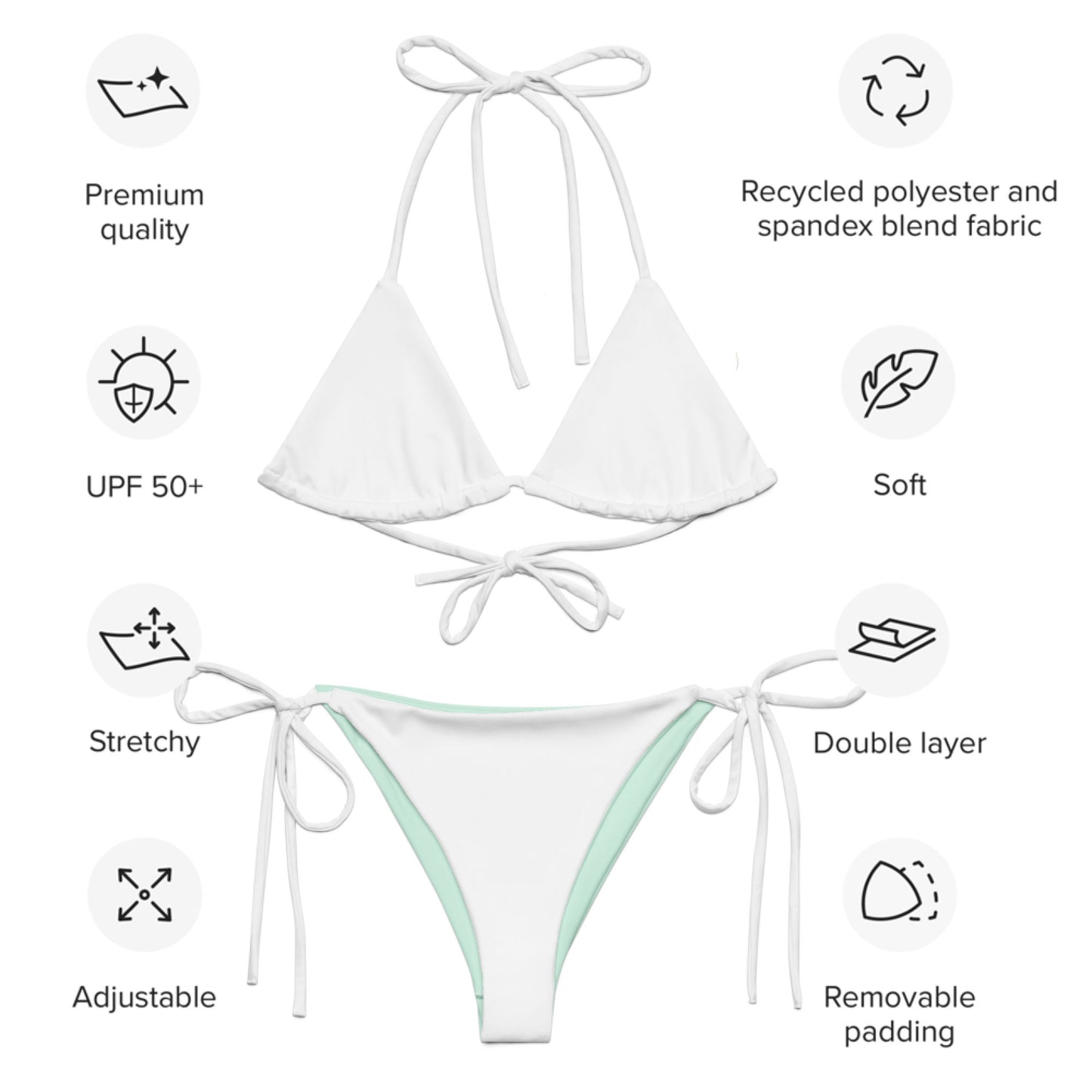 Weiß-mintfarbenes String-Bikini-Set aus recyceltem Material