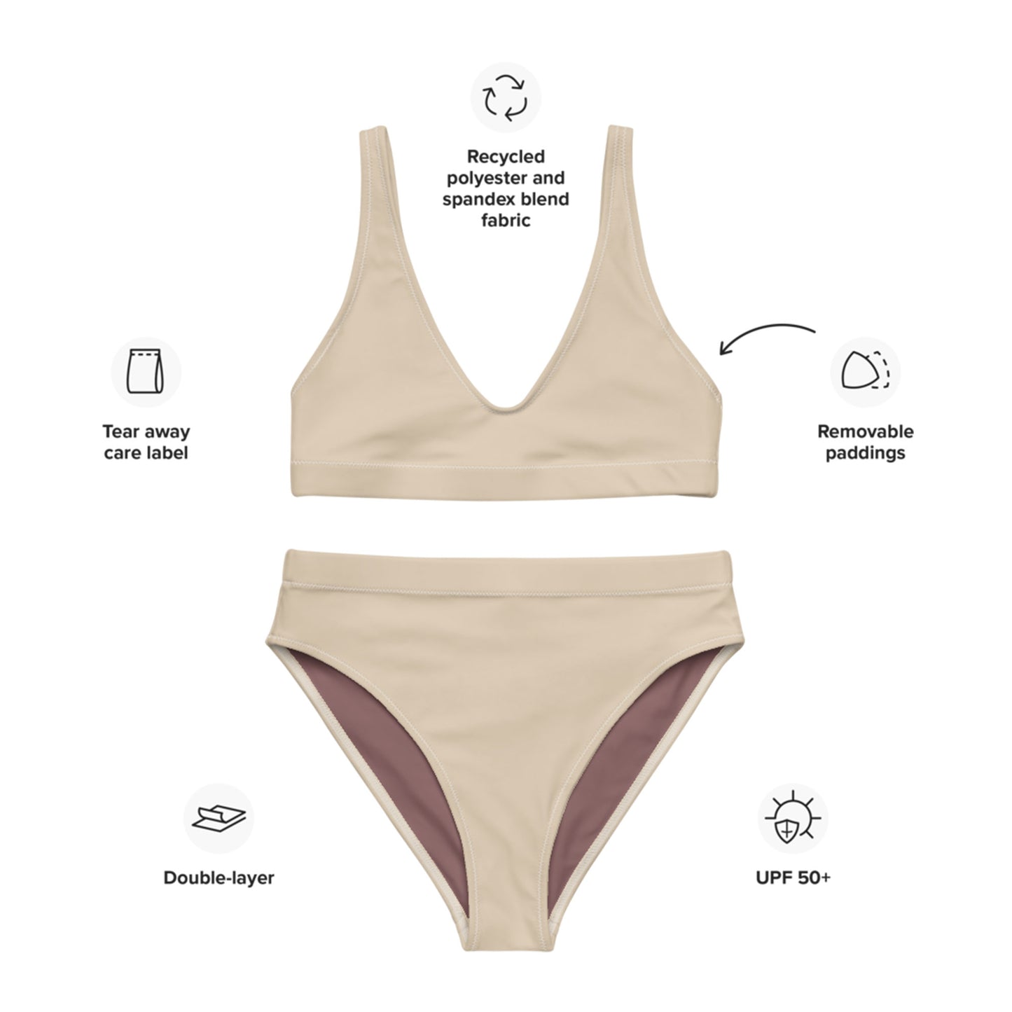 Crème d'amande, beige Ensemble de bikini taille haute recyclé