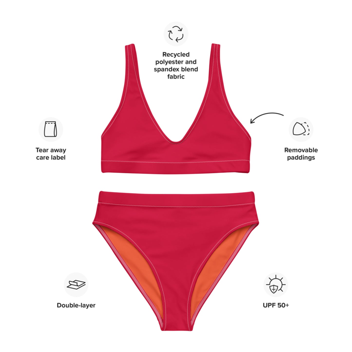 Crimson red Recycled High-waisted Sport bikini,Swimwear for Woman, two part bathing swim suit eco-fashion beachwear, plus size swim