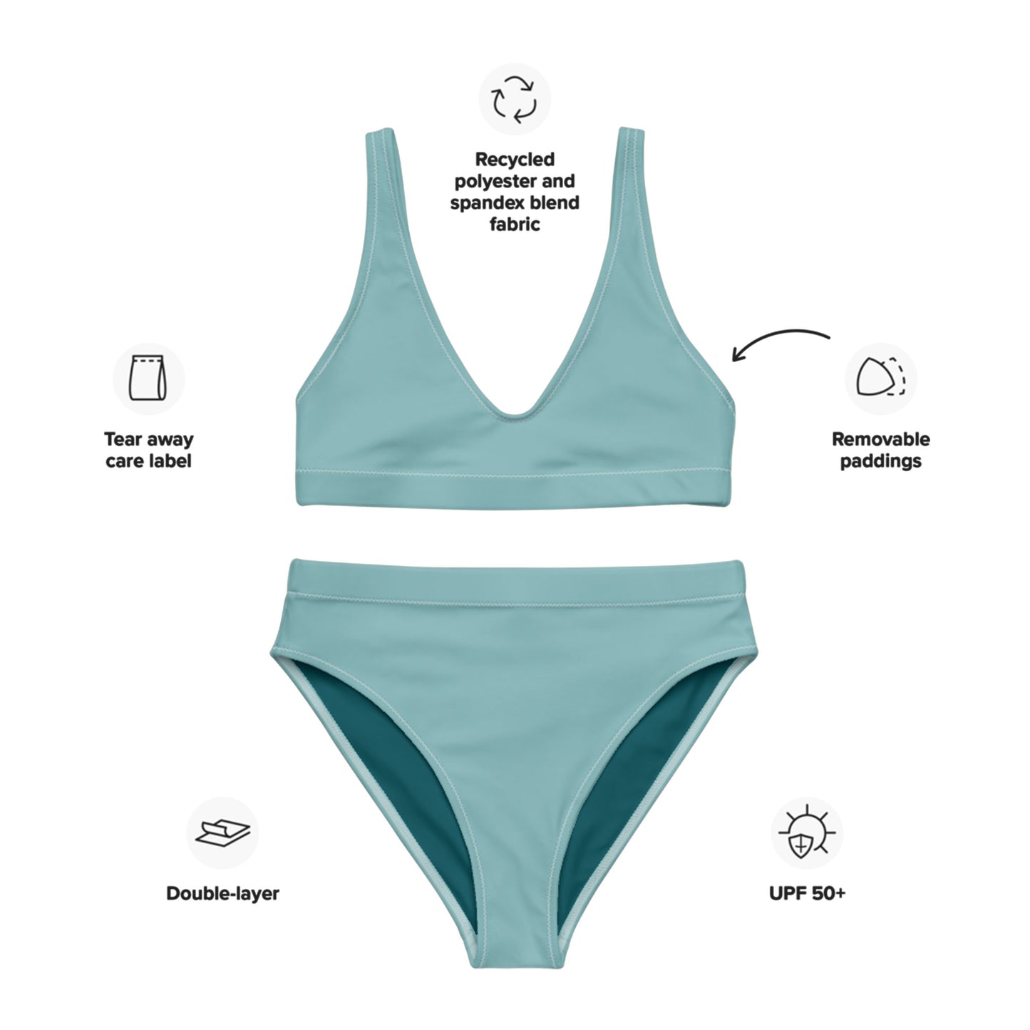 Opalgrün-blau-türkises recyceltes Bikini-Set mit hoher Taille