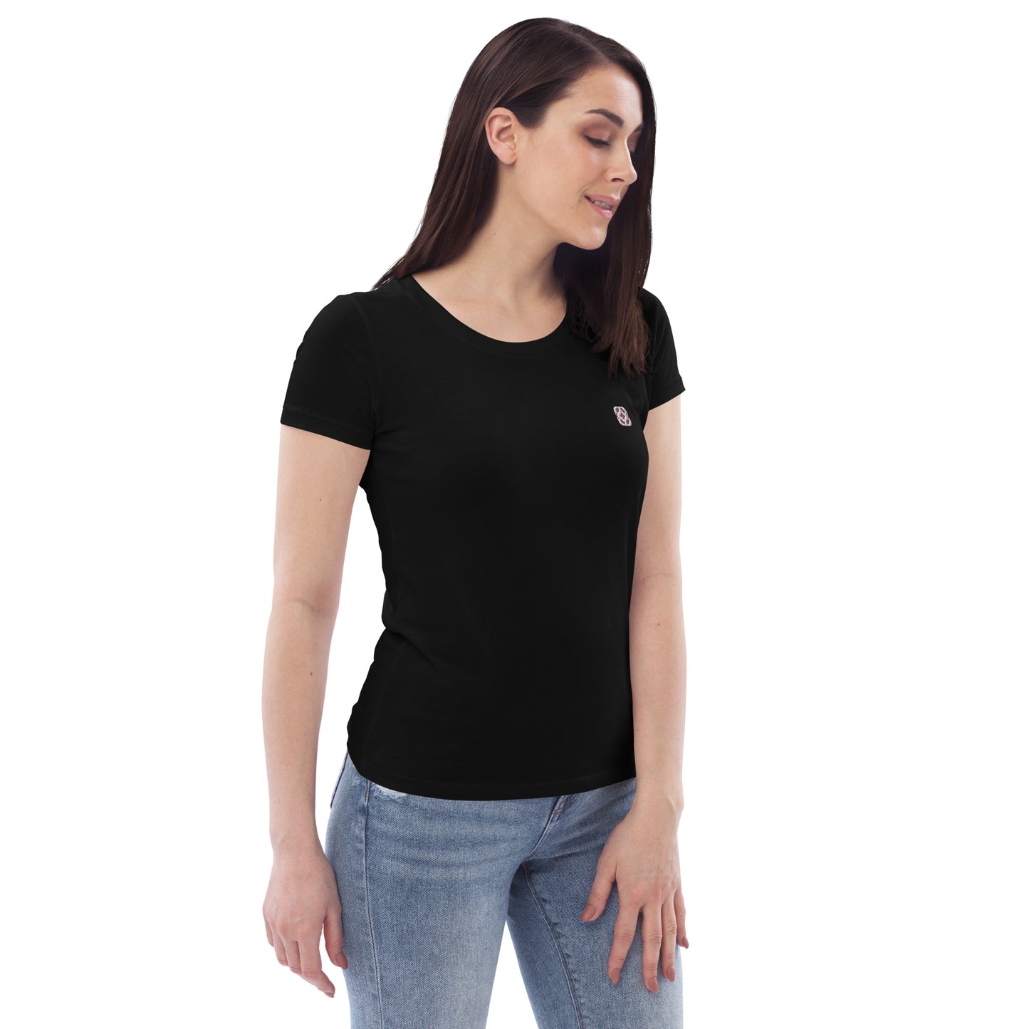Schwarzes T-Shirt aus Bio-Baumwolle im Bauhausstil mit Frühlingsvögeln gestickt - Damen