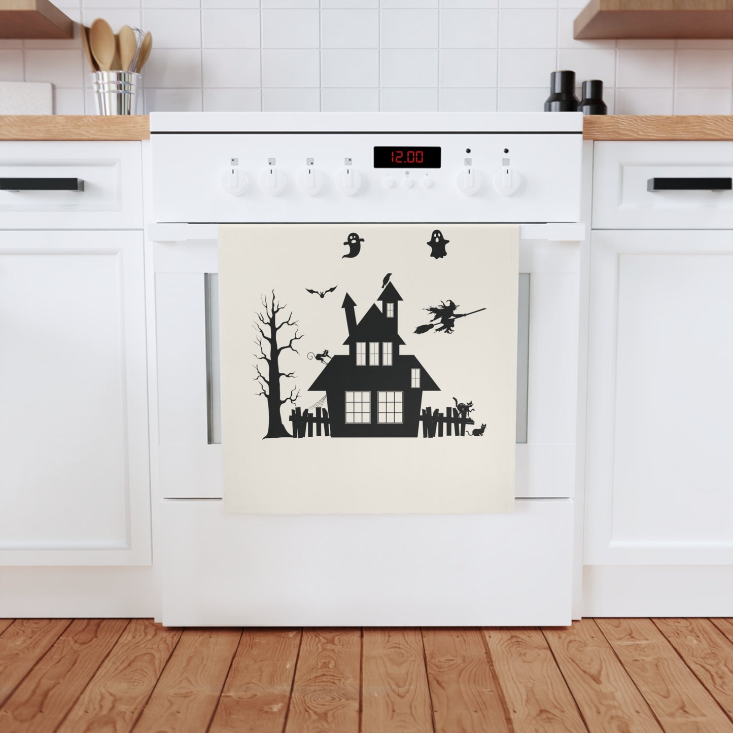 Ghost House Scary Halloween Torchon en coton biologique, 50 x 70 cm, torchon de cuisine écologique, torchon de salle de bain