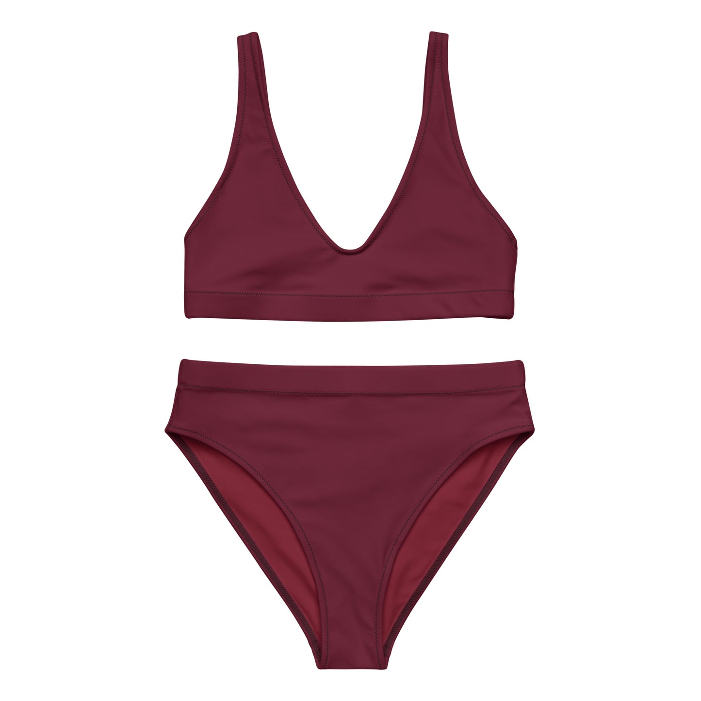 Dunkles Weinrot, Rubinrot. Recyceltes Bikini-Set mit hoher Taille, bequeme Sportbadebekleidung, Strandoberteil und Bikiniunterteil, umweltfreundliches Burgunderrot