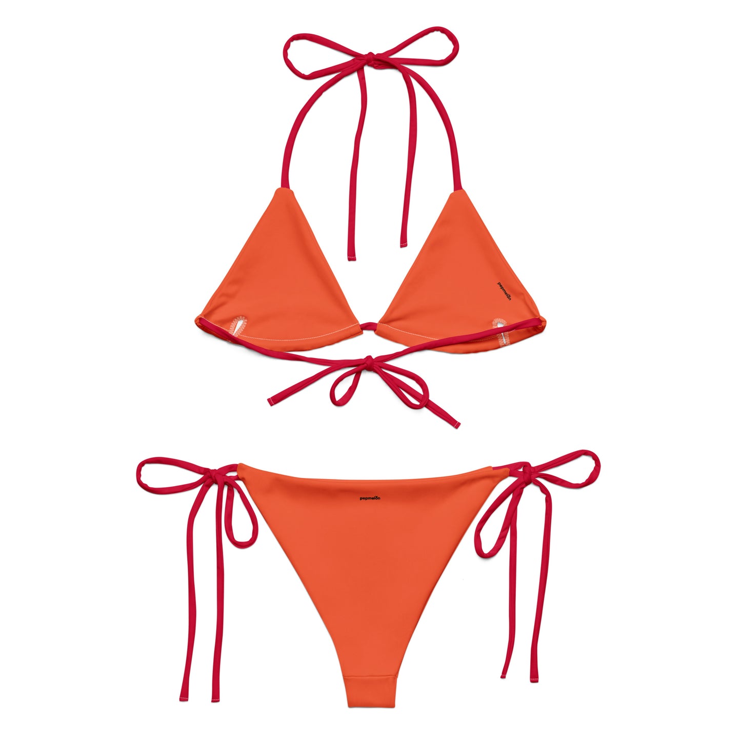 Crimson red recycled string bikini set, sustainable fashion triangle bikini, sexy red bikini belly off high-waisted