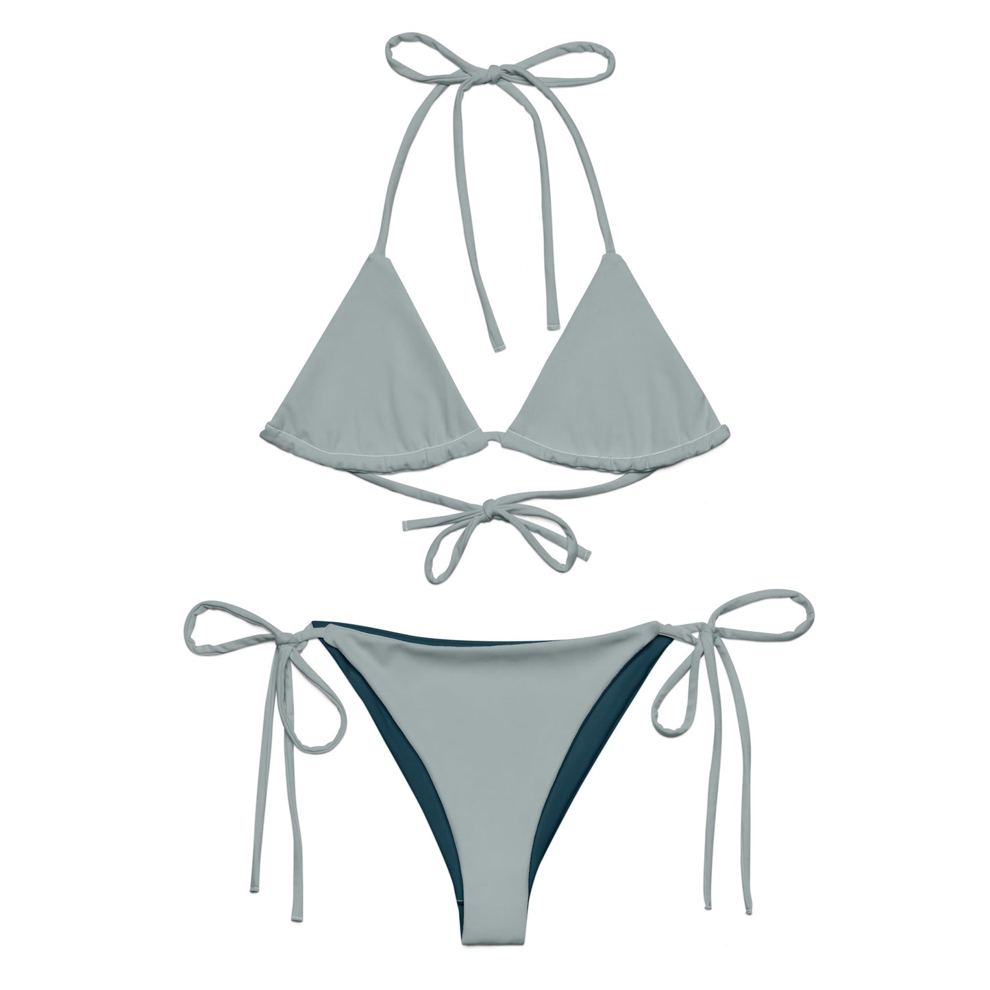 Aschgraues, recyceltes String-Bikini-Set, umweltfreundlicher Triangel-Bikini, doppellagiger, umweltfreundlicher UPF 50+-Bikini