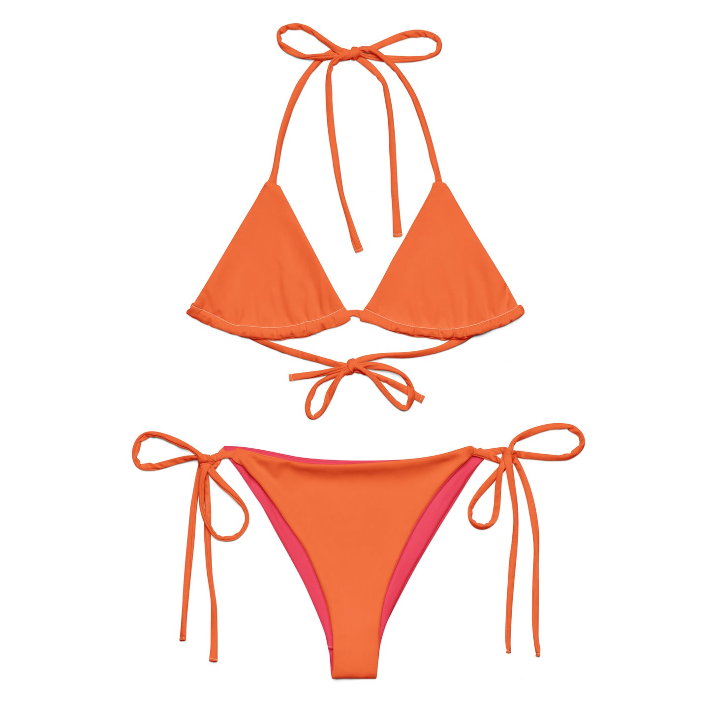 Burnt orange recycled string bikini set, sustainable fashion triangle bikini, sexy tangerine bikini belly off high-waisted